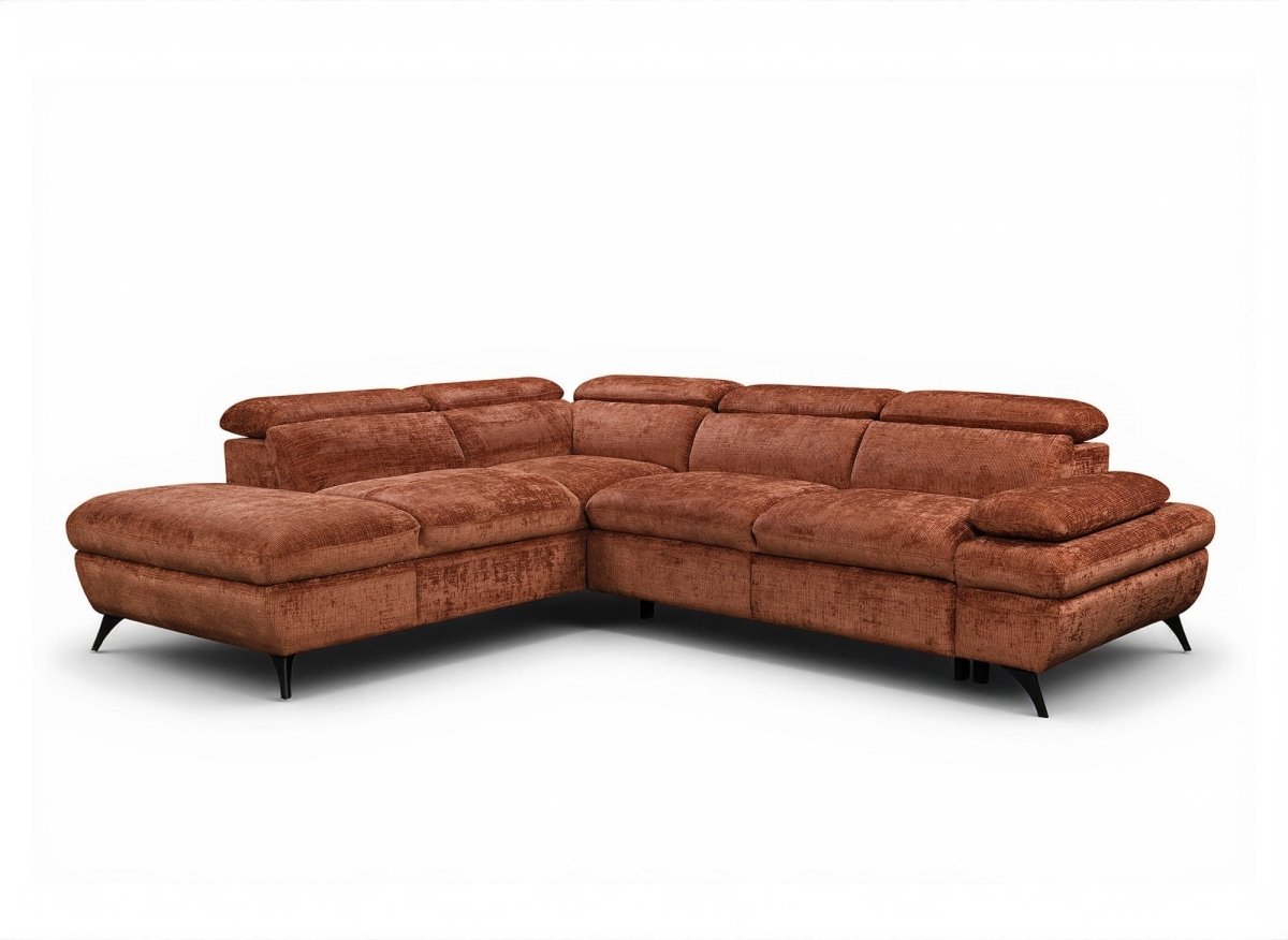Canapé d'angle convertible avec coffre en velours chiné terracotta LUFY - Angle gauche