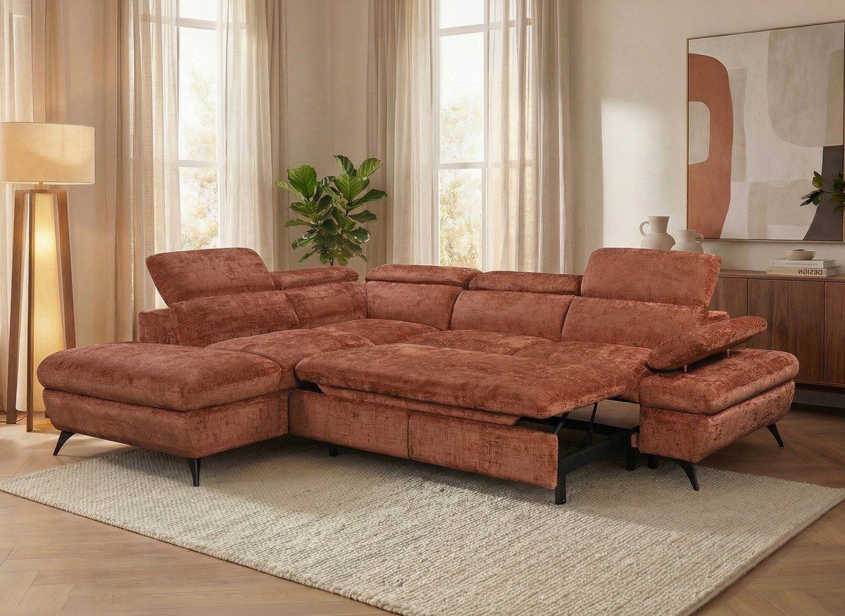 Canapé d'angle convertible avec coffre en velours chiné terracotta LUFY - Angle gauche
