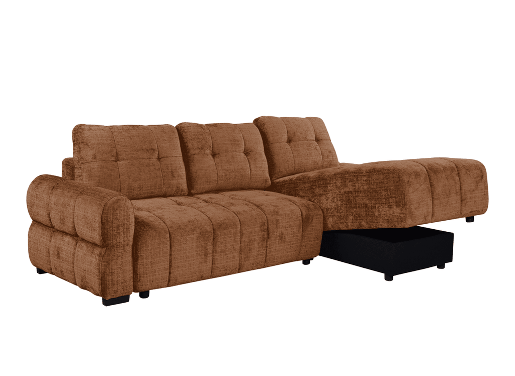 Canapé d'angle convertible avec coffre en velours chiné terracotta MAHLONE - Angle droit