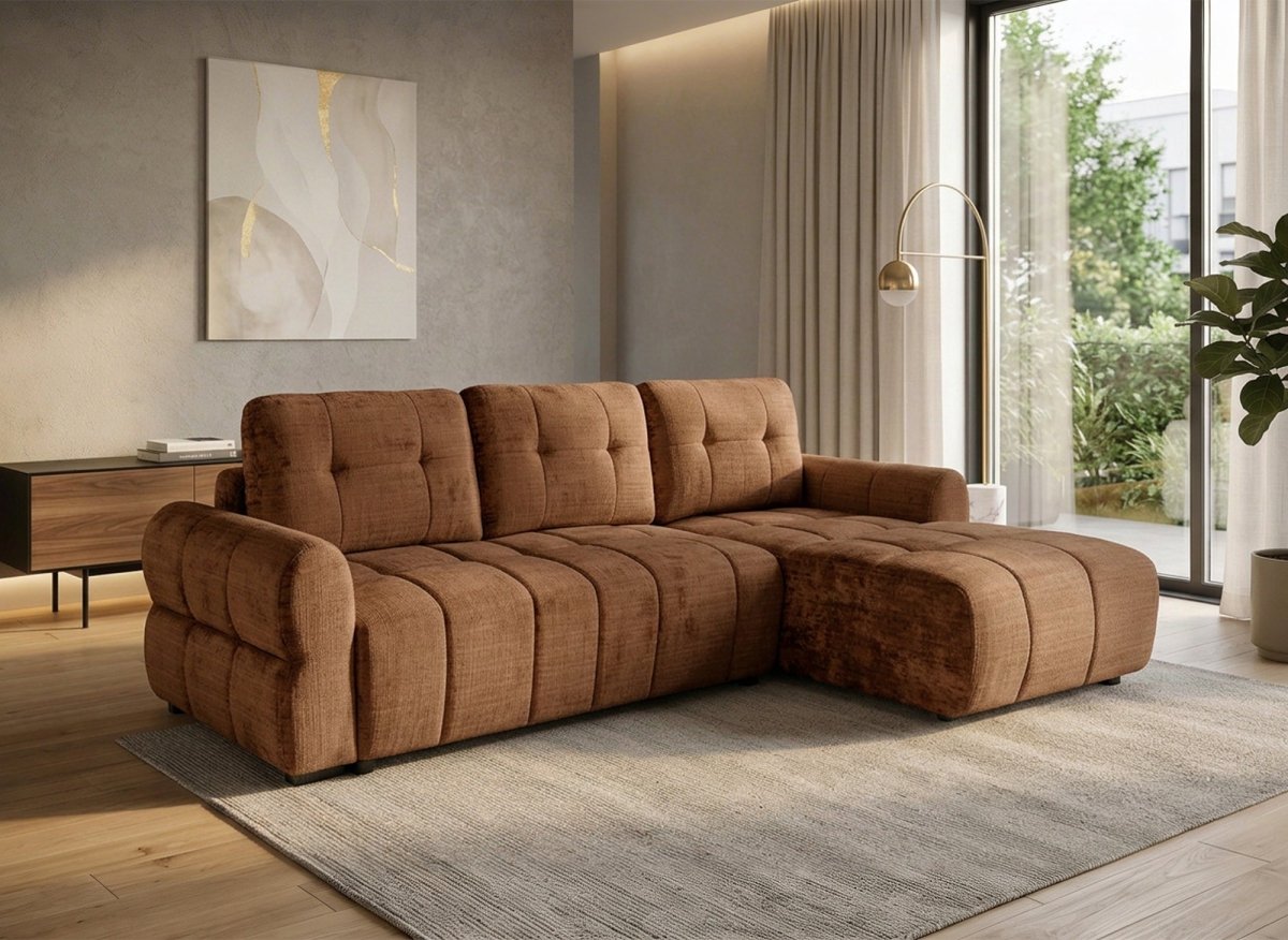 Canapé d'angle convertible avec coffre en velours chiné terracotta MAHLONE - Angle droit