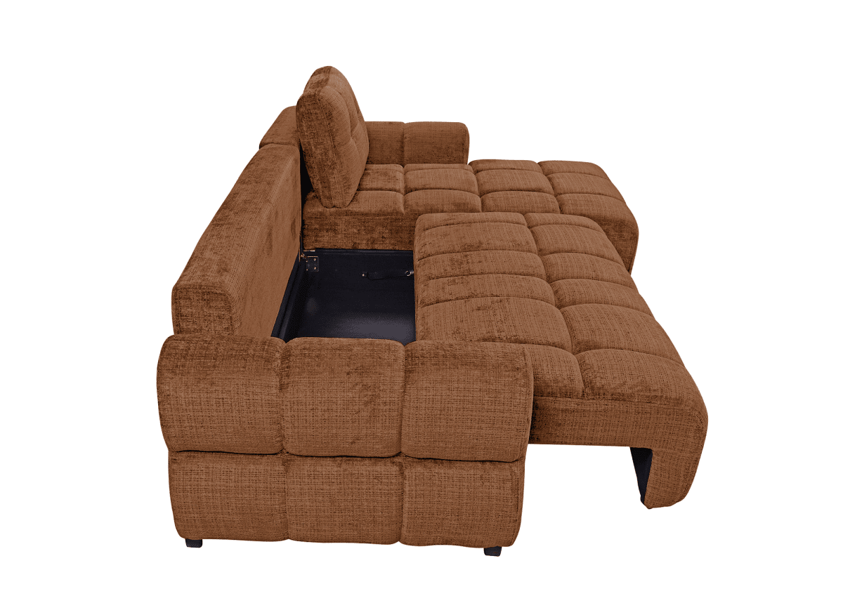 Canapé d'angle convertible avec coffre en velours chiné terracotta MAHLONE - Angle droit
