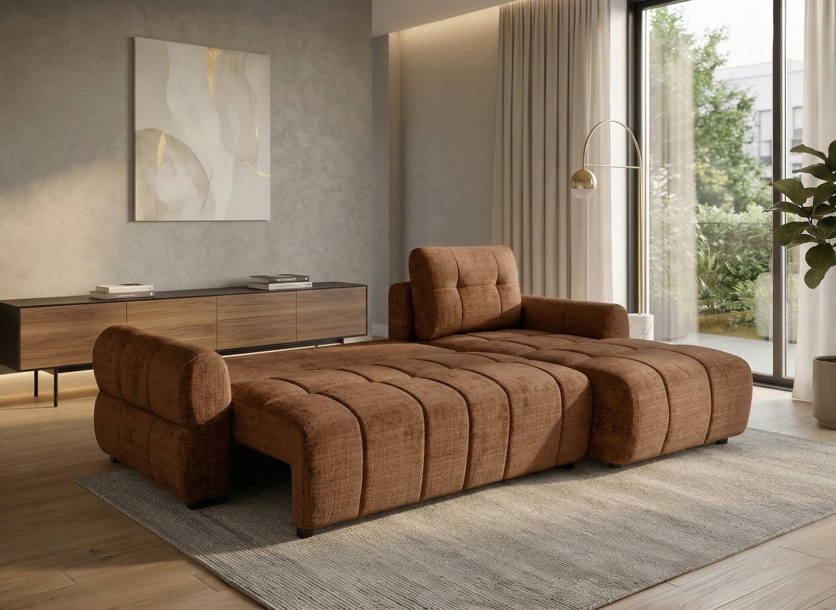 Canapé d'angle convertible avec coffre en velours chiné terracotta MAHLONE - Angle droit