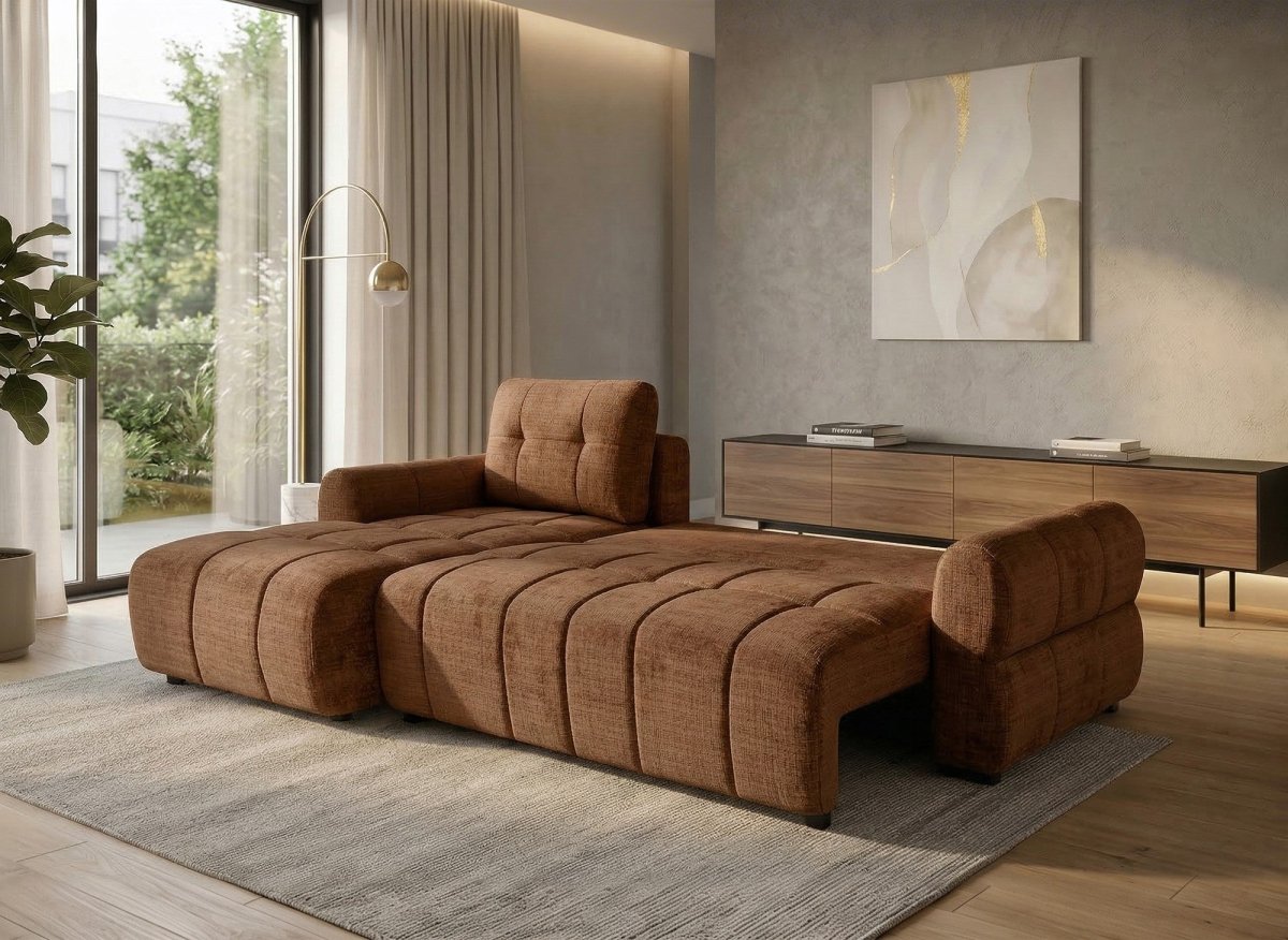 Canapé d'angle convertible avec coffre en velours chiné terracotta MAHLONE - Angle gauche