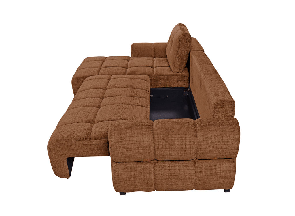 Canapé d'angle convertible avec coffre en velours chiné terracotta MAHLONE - Angle gauche
