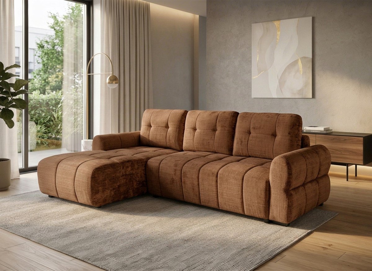 Canapé d'angle convertible avec coffre en velours chiné terracotta MAHLONE - Angle gauche