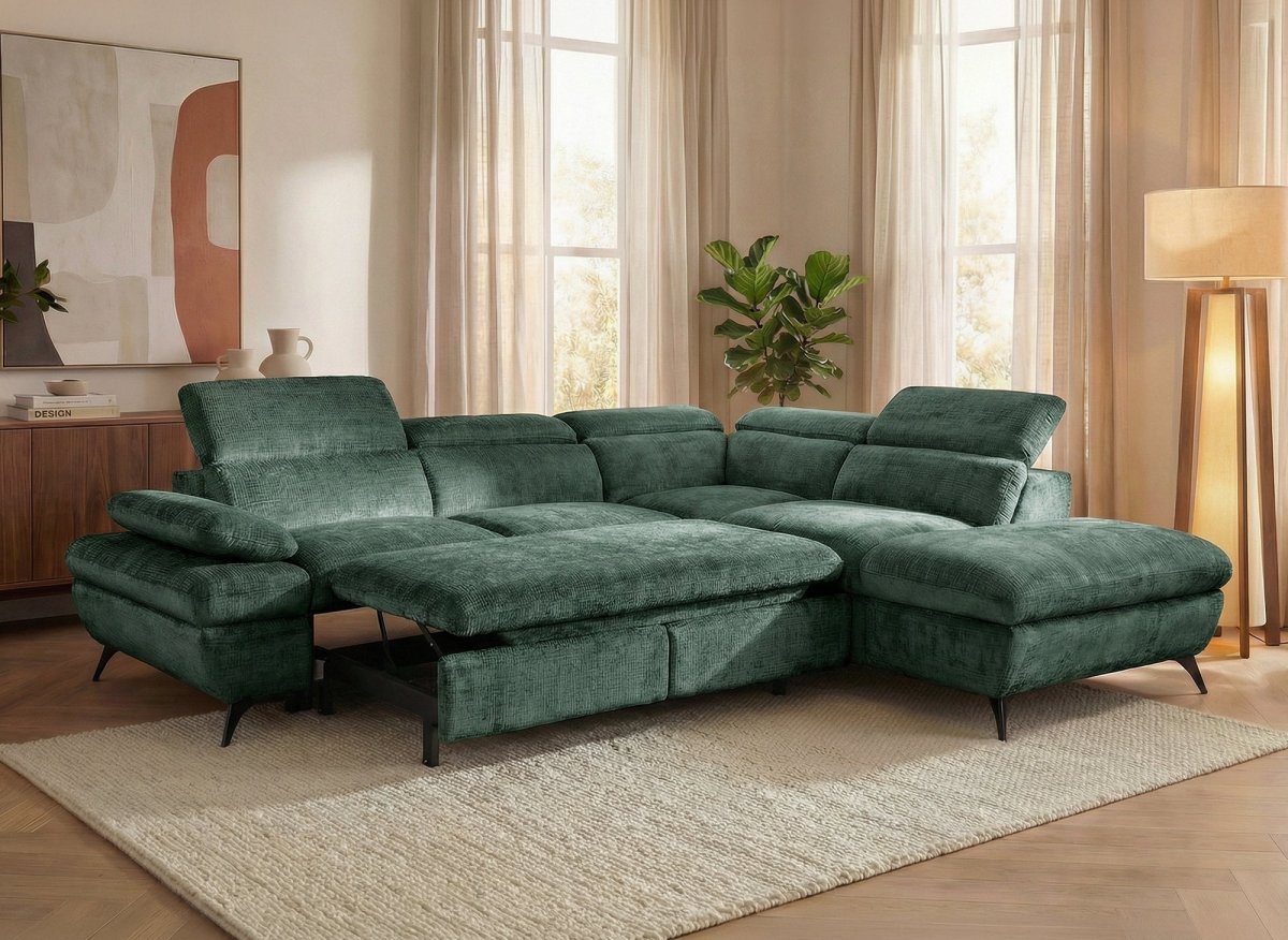 Canapé d'angle convertible avec coffre en velours chiné vert LUFY - Angle droit