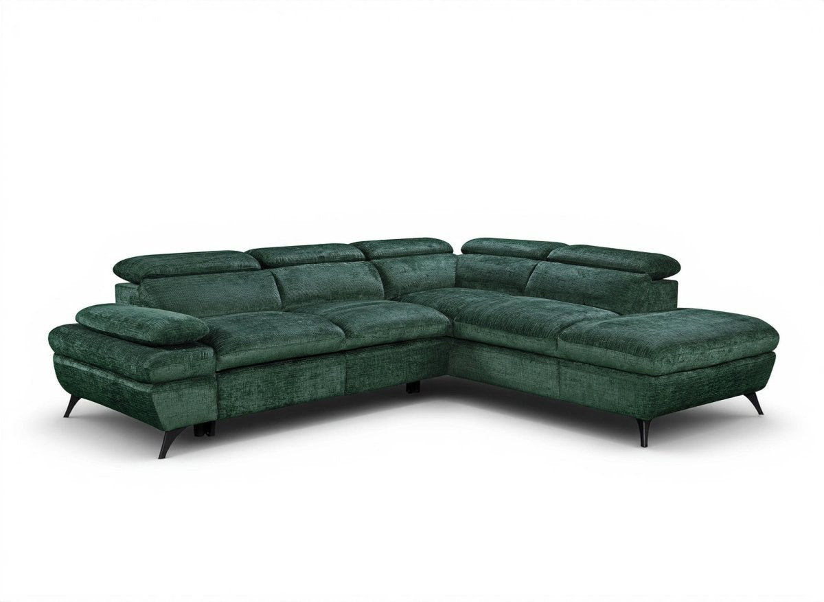 Canapé d'angle convertible avec coffre en velours chiné vert LUFY - Angle droit