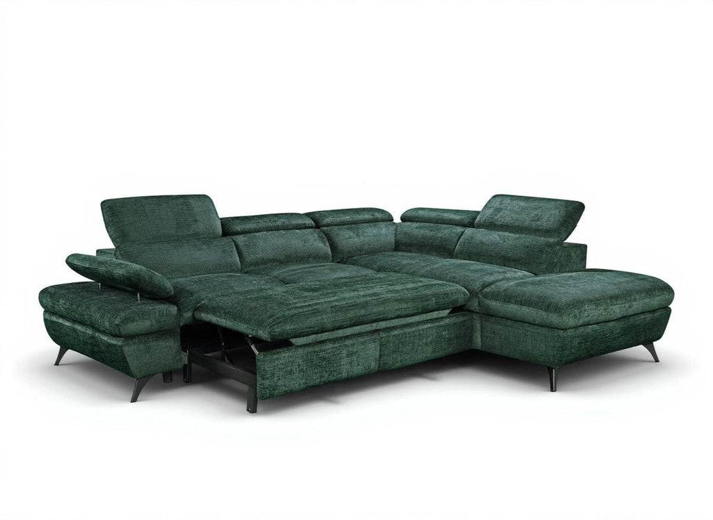 Canapé d'angle convertible avec coffre en velours chiné vert LUFY - Angle droit