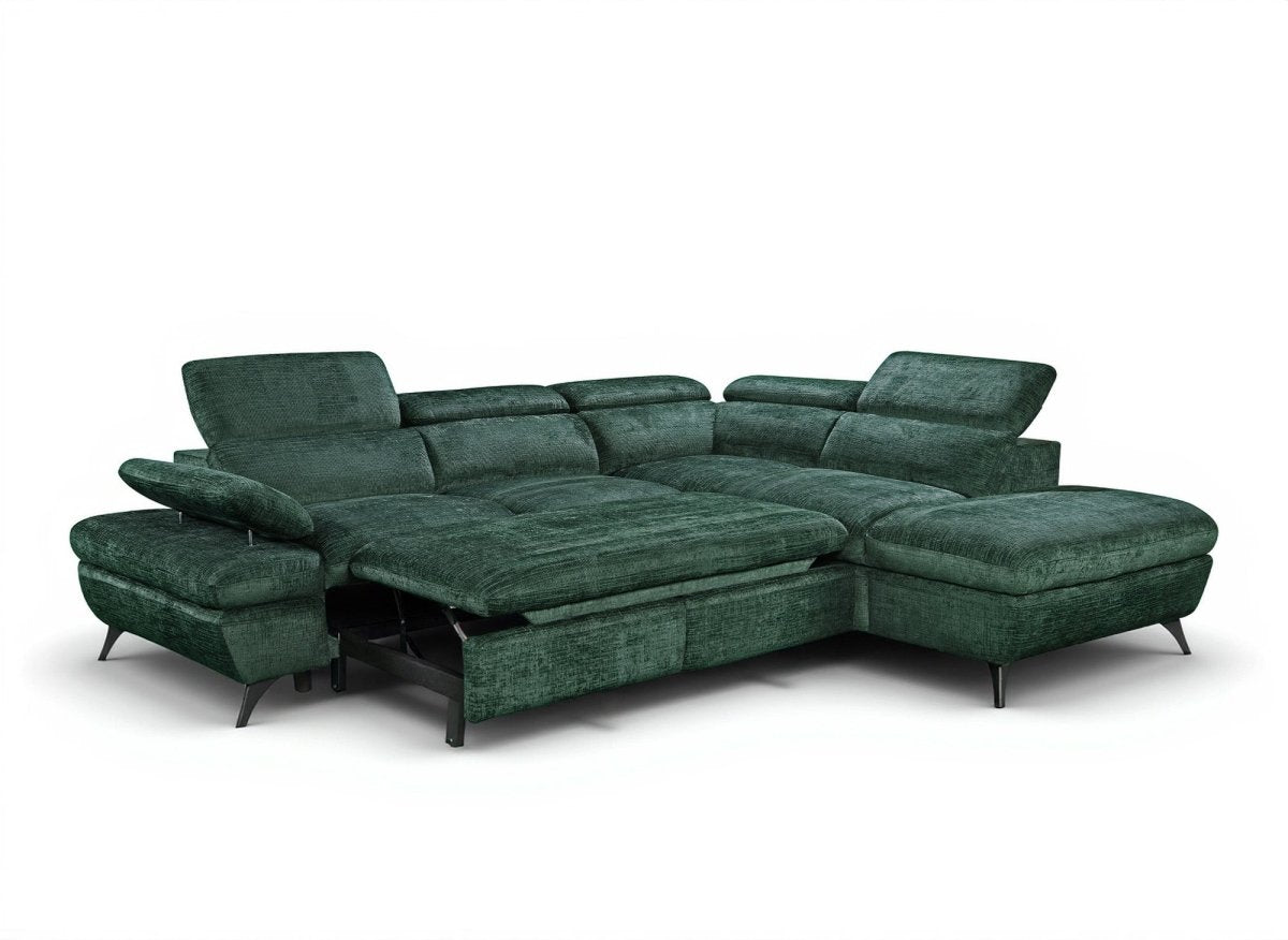 Canapé d'angle convertible avec coffre en velours chiné vert LUFY - Angle droit