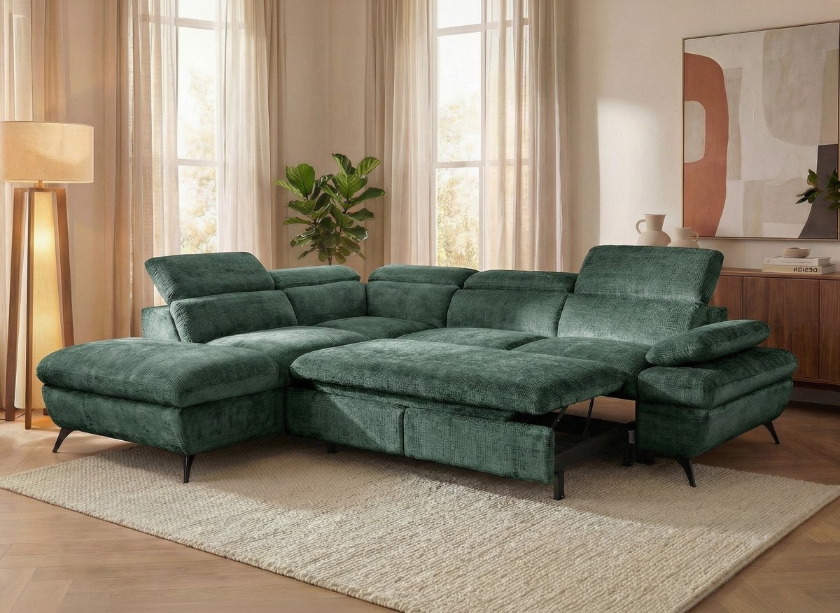 Canapé d'angle convertible avec coffre en velours chiné vert LUFY - Angle gauche