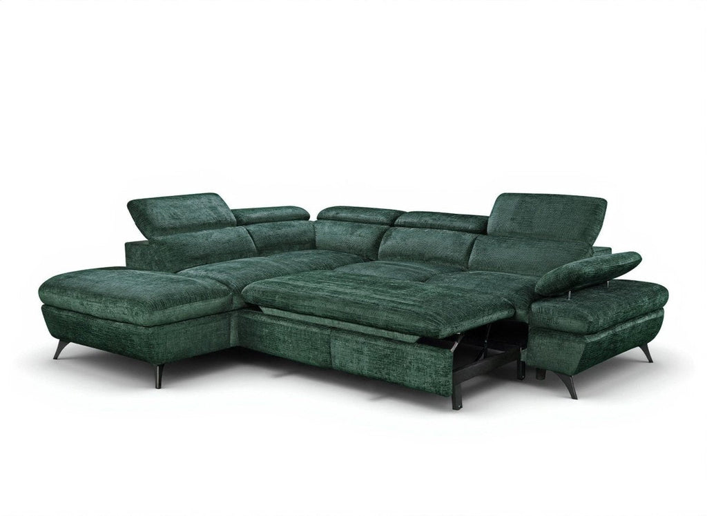 Canapé d'angle convertible avec coffre en velours chiné vert LUFY - Angle gauche