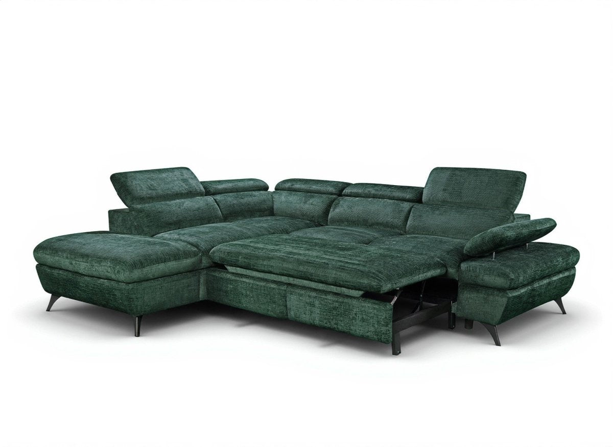 Canapé d'angle convertible avec coffre en velours chiné vert LUFY - Angle gauche