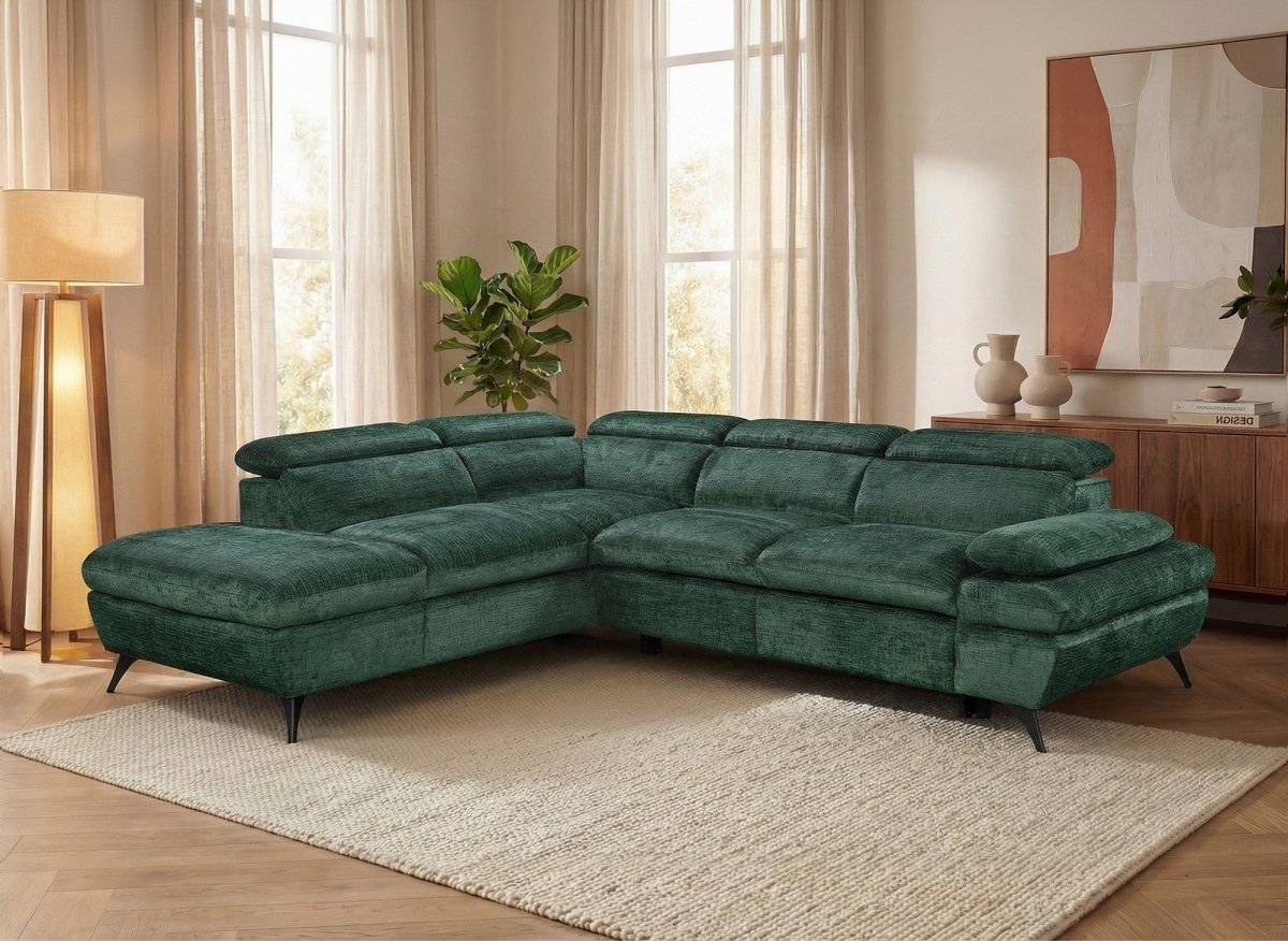 Canapé d'angle convertible avec coffre en velours chiné vert LUFY - Angle gauche