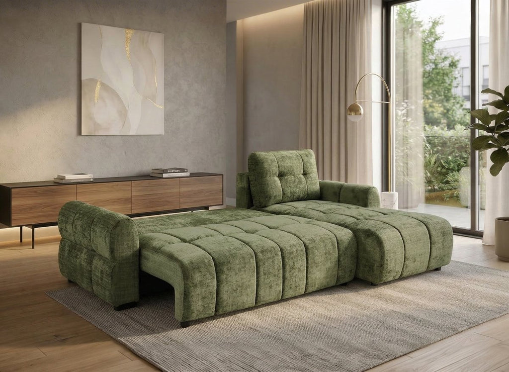 Canapé d'angle convertible avec coffre en velours chiné vert olive MAHLONE - Angle droit