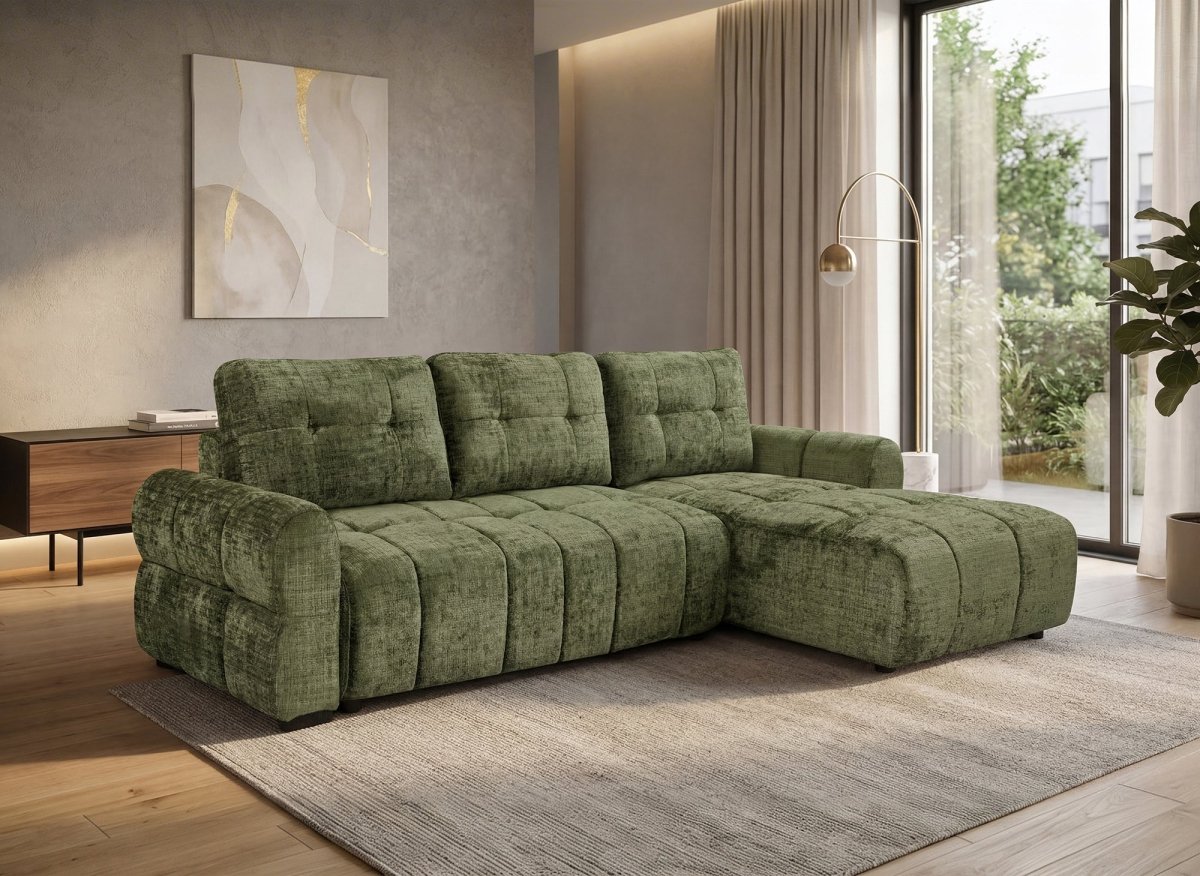 Canapé d'angle convertible avec coffre en velours chiné vert olive MAHLONE - Angle droit