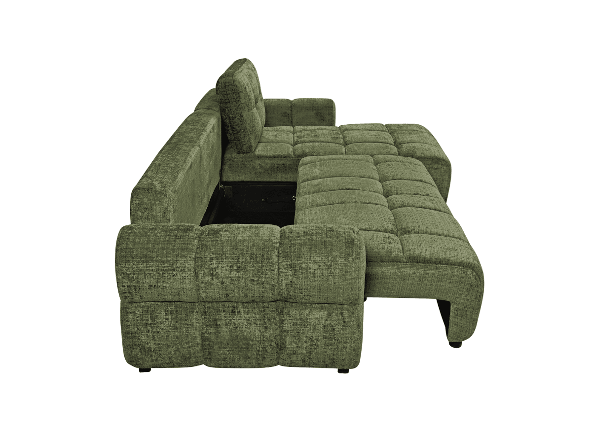 Canapé d'angle convertible avec coffre en velours chiné vert olive MAHLONE - Angle droit