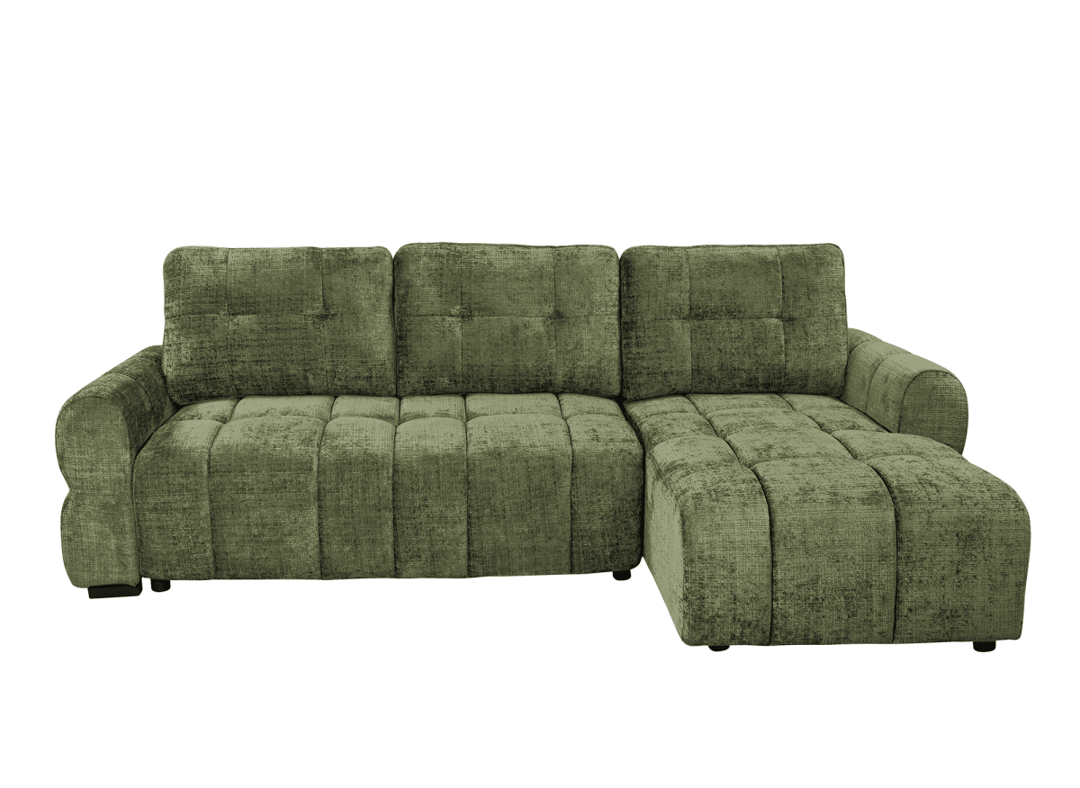 Canapé d'angle convertible avec coffre en velours chiné vert olive MAHLONE - Angle droit