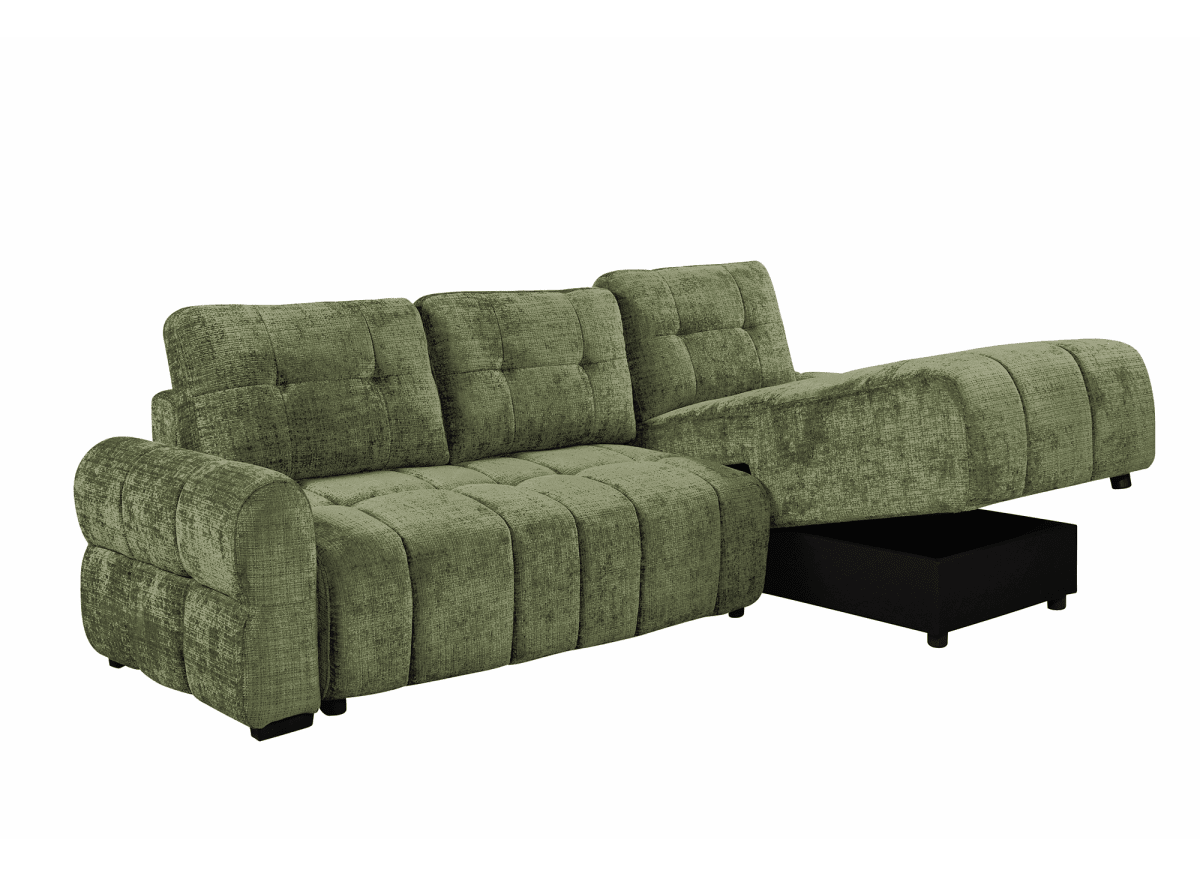 Canapé d'angle convertible avec coffre en velours chiné vert olive MAHLONE - Angle droit