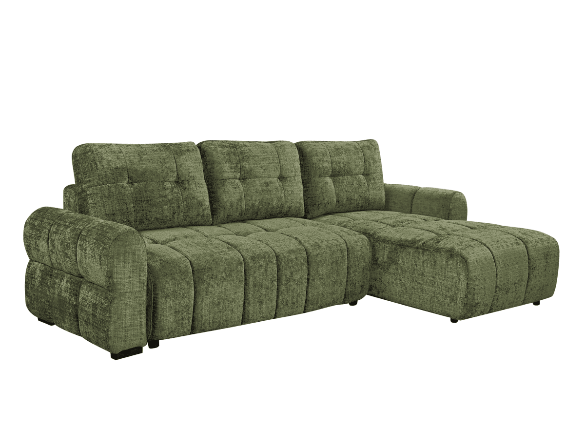 Canapé d'angle convertible avec coffre en velours chiné vert olive MAHLONE - Angle droit