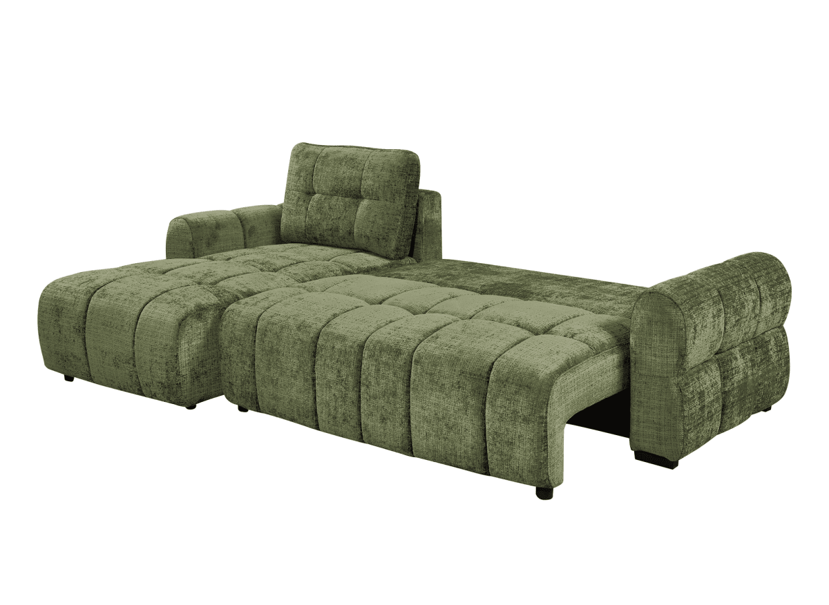 Canapé d'angle convertible avec coffre en velours chiné vert olive MAHLONE - Angle gauche