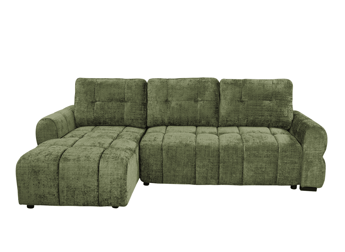 Canapé d'angle convertible avec coffre en velours chiné vert olive MAHLONE - Angle gauche