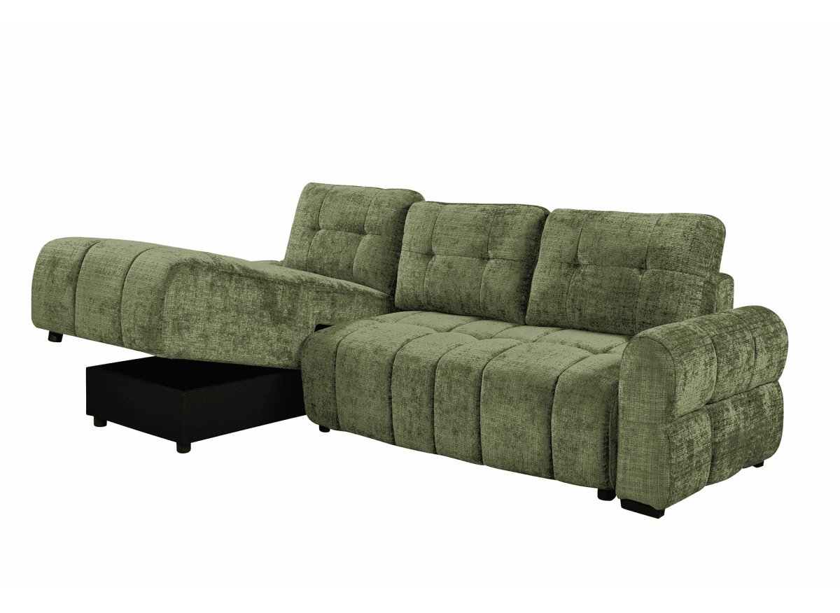 Canapé d'angle convertible avec coffre en velours chiné vert olive MAHLONE - Angle gauche