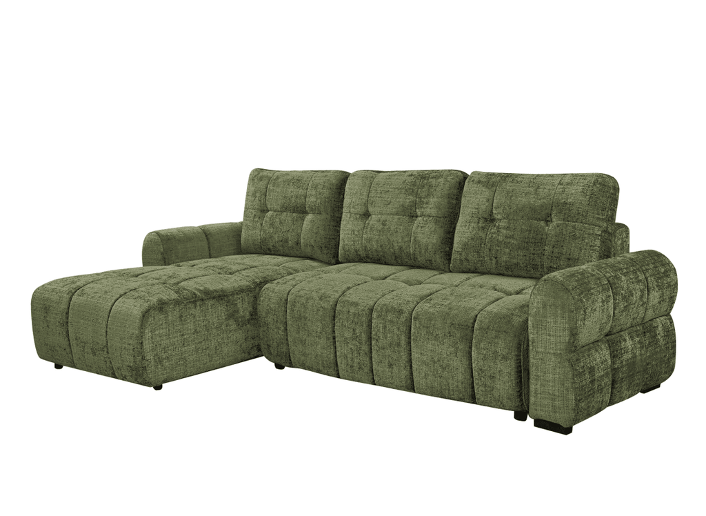 Canapé d'angle convertible avec coffre en velours chiné vert olive MAHLONE - Angle gauche