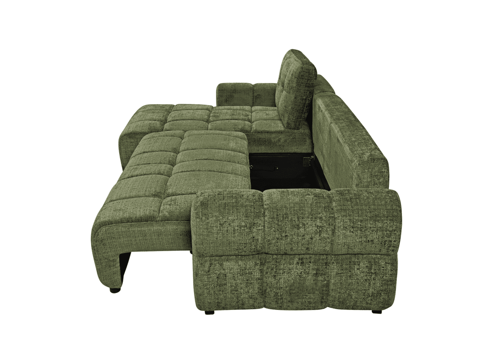 Canapé d'angle convertible avec coffre en velours chiné vert olive MAHLONE - Angle gauche