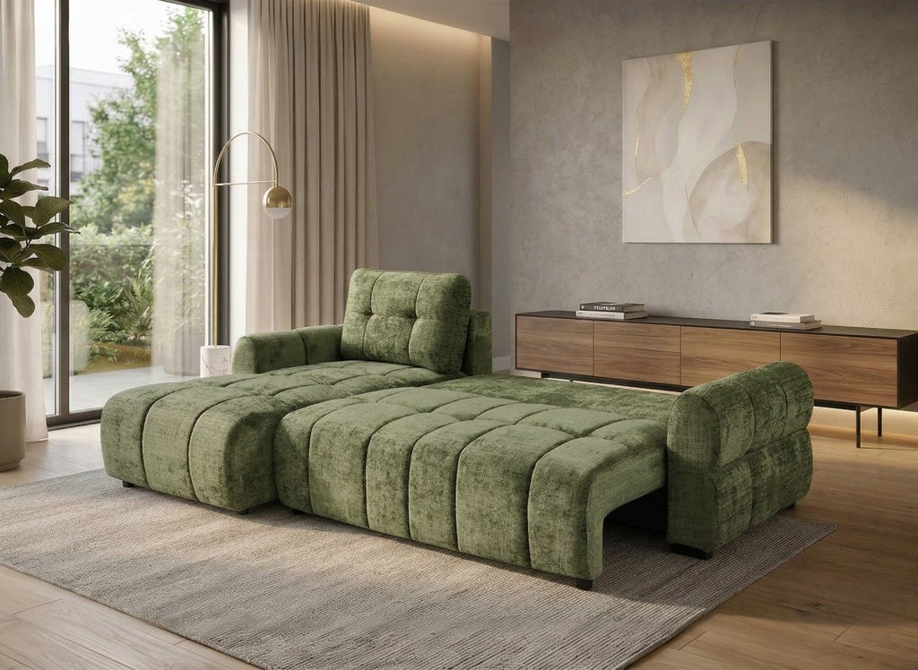 Canapé d'angle convertible avec coffre en velours chiné vert olive MAHLONE - Angle gauche