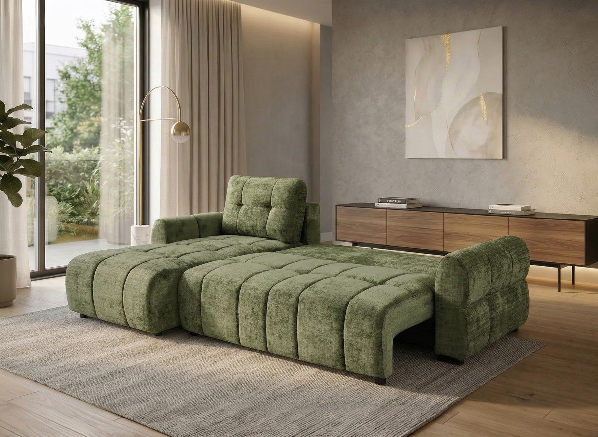 Canapé d'angle convertible avec coffre en velours chiné vert olive MAHLONE - Angle gauche