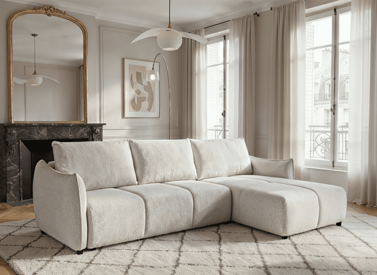 Canapé d'angle convertible et réversible en velours chiné beige  MYSA