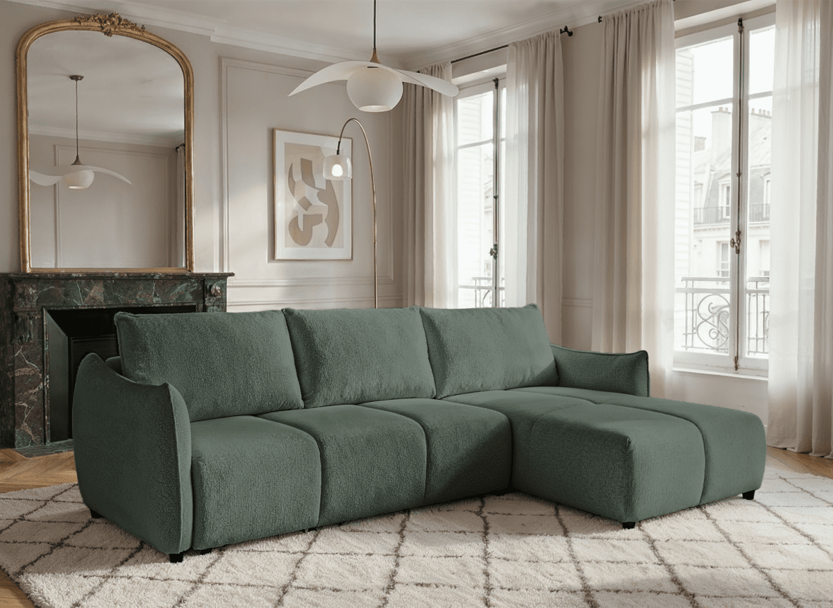Canapé d'angle convertible et réversible en velours chiné vert olive  MYSA
