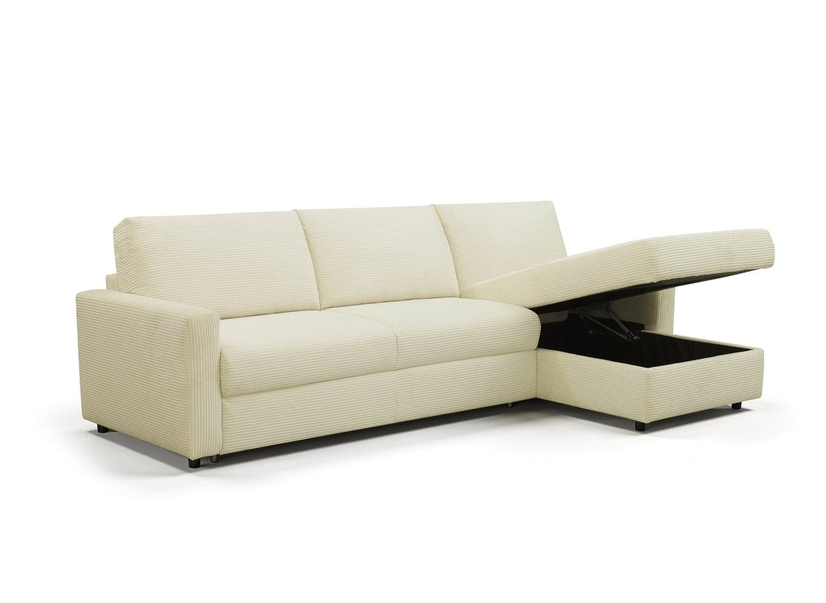 Canapé d'angle convertible et réversible ouverture express en velours côtelé beige JULIETTE