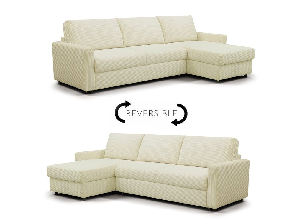 Canapé d'angle convertible et réversible ouverture express en velours côtelé beige JULIETTE
