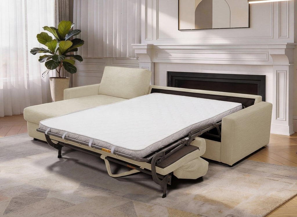 Canapé d'angle convertible et réversible ouverture express en velours côtelé beige JULIETTE