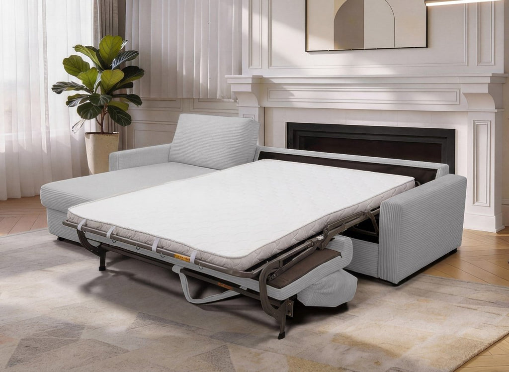 Canapé d'angle convertible et réversible ouverture express en velours côtelé gris JULIETTE