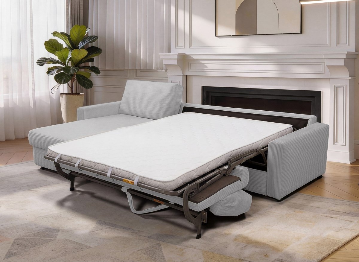 Canapé d'angle convertible et réversible ouverture express en velours côtelé gris JULIETTE