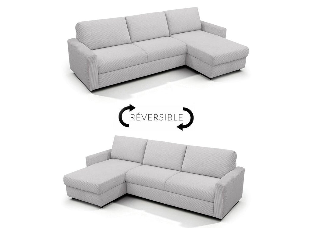 Canapé d'angle convertible et réversible ouverture express en velours côtelé gris JULIETTE