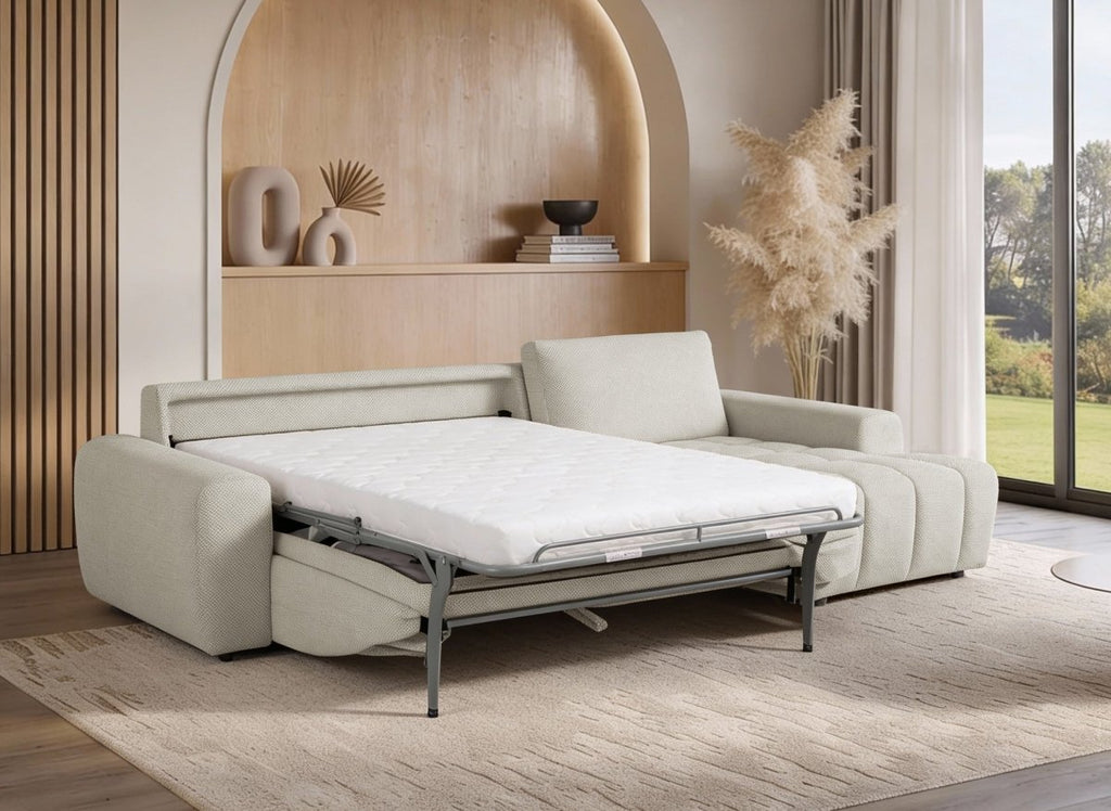 Canapé d'angle convertible ouverture express en tissu beige AGATHE - Angle droit
