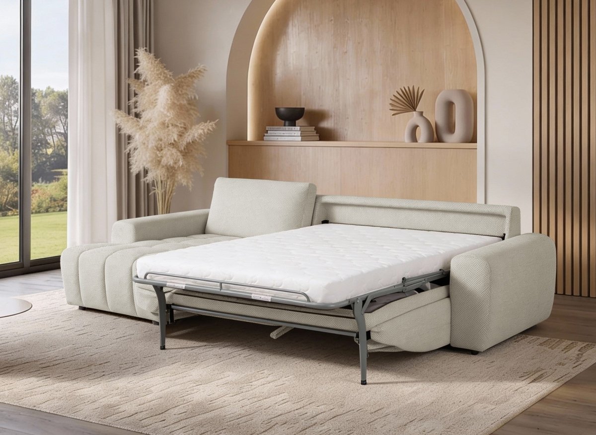 Canapé d'angle convertible ouverture express en tissu beige AGATHE - Angle gauche