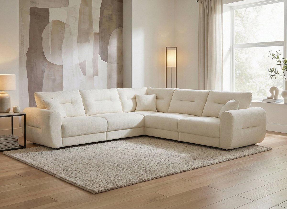 Canapé d'angle en velours chiné beige BALIANE