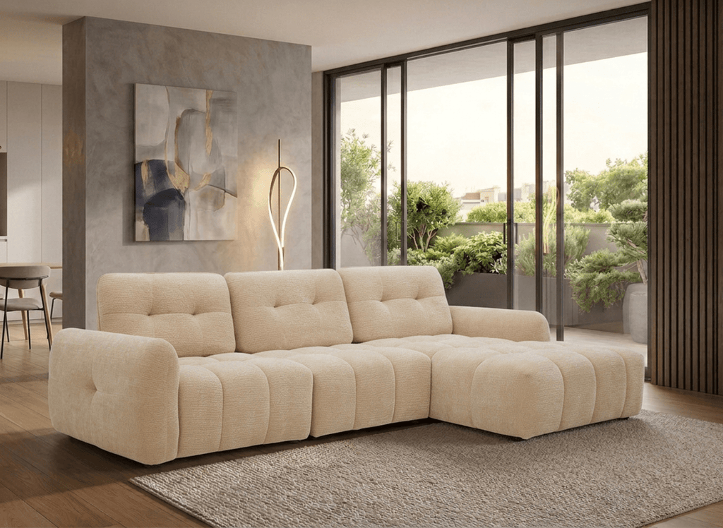 Canapé d'angle en velours tissé beige avec dossier réglable ADONIS - Angle droit