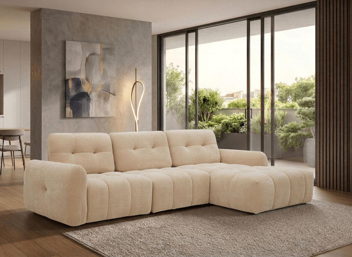 Canapé d'angle en velours tissé beige avec dossier réglable ADONIS - Angle droit