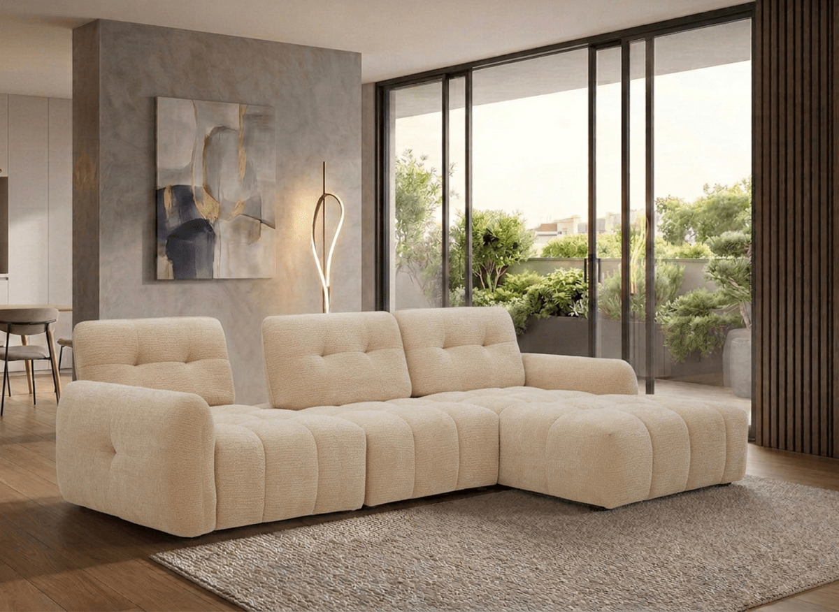 Canapé d'angle en velours tissé beige avec dossier réglable ADONIS - Angle droit
