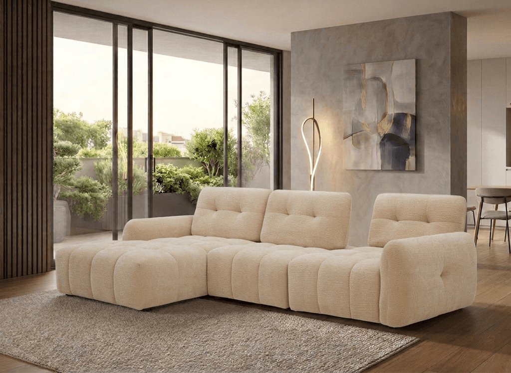 Canapé d'angle en velours tissé beige avec dossier réglable ADONIS - Angle gauche