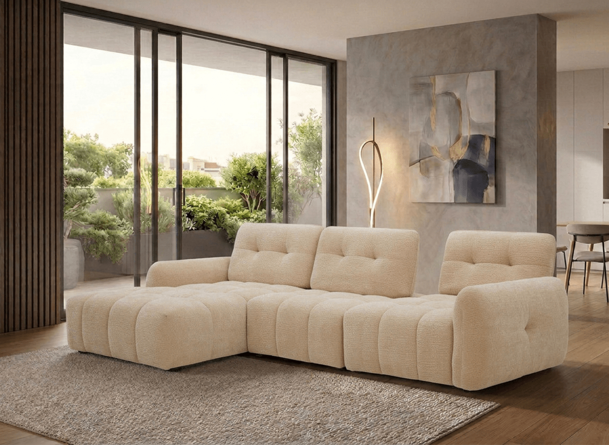 Canapé d'angle en velours tissé beige avec dossier réglable ADONIS - Angle gauche