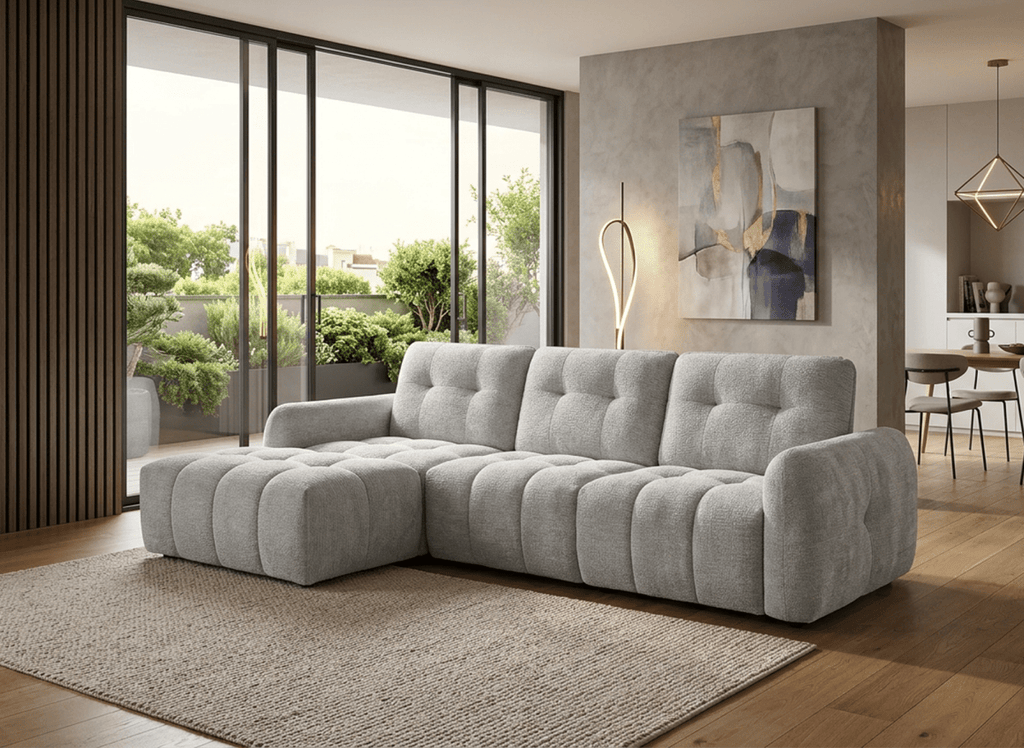 Canapé d'angle en velours tissé gris clair avec dossier réglable ADONIS - Angle gauche