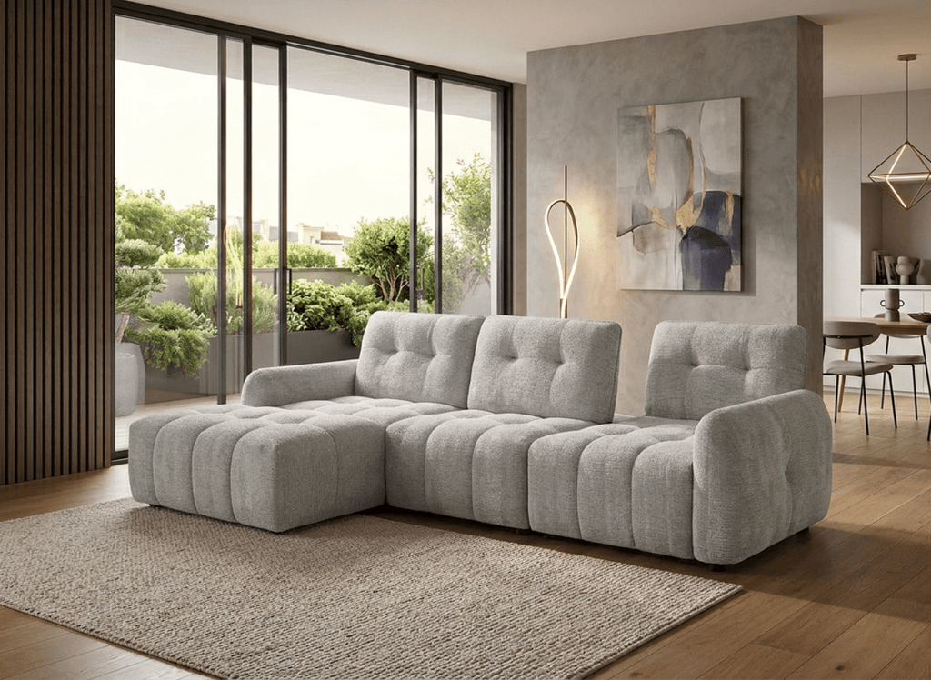 Canapé d'angle en velours tissé gris clair avec dossier réglable ADONIS - Angle gauche