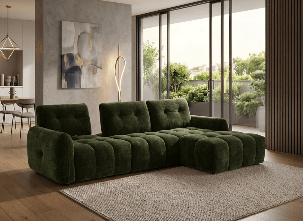 Canapé d'angle en velours tissé vert olive avec dossier réglable ADONIS - Angle droit