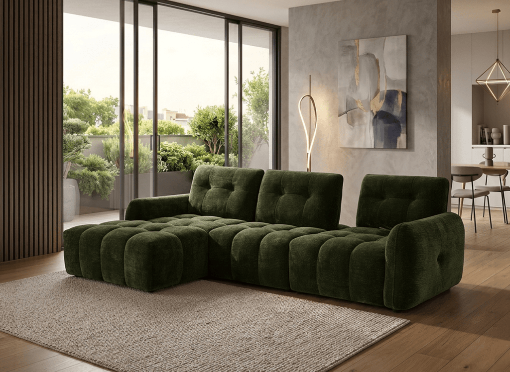 Canapé d'angle en velours tissé vert olive avec dossier réglable ADONIS - Angle gauche